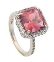 Ladies 18K White Gold Ring Centered with a Lovely 5 Carat, Princess Cut Pink Spinel Enhanced with Accent Diamonds.