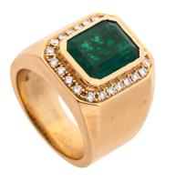 Gentleman's Outstanding, 4 Carat Zambian Emerald Ring of Fine Quality Surrounded by Accent Diamonds in a Heavy 18K Yellow Gold R