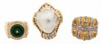 Three Ladies 18K Yellow and White Gold Vintage Dinner Rings Including Diamonds, Emeralds and One Remarkable Baroque Pearl