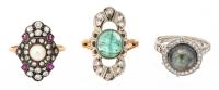 Three Appealing Vintage/Antique Ladies Rings, Rubies, Diamonds, South Sea Pearl and an Emerald Cabochon Set in 18 Or 14k Gold