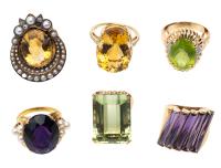 Six Ladies Rings: Three in 18K Yellow Gold and Three in 14K Gold. All Having Oversized Stones that Bring Wonderful Colors