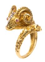 Aries:1st Sign of the Zodiac: Ladies 18K Yellow Gold Ring of a Ram's Head with Ruby Eyes and Diamonds Along Head