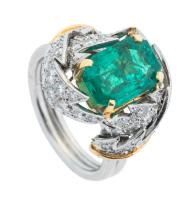 Tiffany & Co., Designer Jean Schlumberger (1907-1987) Vintage, Stunning Columbian Emerald and Diamond Ring in 18K White and Yell