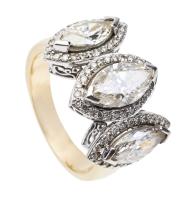 Stunning Ladies 14K Yellow and White Dinner Ring with 3 Marquis Cut Diamonds Totaling 3.25 Carats Surrounded by Accent Diamonds