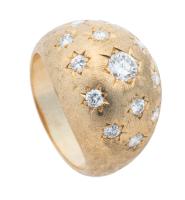 Ladies 14K Yellow Gold and Diamond Domed Star-Patterned Ring