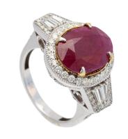 Ladies 18K White Gold, Diamond and 5.56 Carat Ruby Dinner Ring with Impressive Radiance and Color