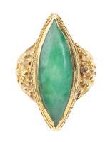 Ladies 22K Yellow Gold Ring from Thailand with Marquis Shaped Jade