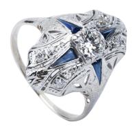 Ladies Antique 14K White Gold, Diamond and Sapphire Ring Centered with a .60 Carat Old Mine Cut Diamond