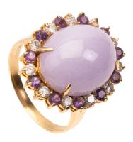 Ladies Beautiful Lavender Jade Cabochon Ring Surrounded by Diamonds and Amethysts in 14K Yellow Gold