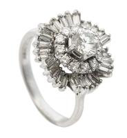 Ladies Vintage Platinum and Diamond Ballerina Ring Centered with a .80 Carat Diamond Surrounded by a Swirl of Baguettes