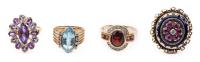 Ladies Vintage Rings, Four (4) Having Amethyst, Aquamarine, Red Zircon, Rubies and Accent Diamonds all in 14K Yellow Gold