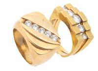 Two Vintage Men's 14K Yellow Gold Pinkie Rings with Diamonds.