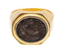 Men's 18K Yellow Gold Ring Centered with an Authentic Bronze/Copper Roman Coin, Early Christian Period, of Valentinian