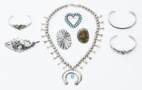 Trading Post Collection of 8 Pieces of Native American Jewelry: Necklace, Cuffs, Pins, Barrette and Ring All in Sterling Silver