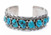 Superb James Shay Navajo Cuff in Sterling Silver with Eight Gem Quality Turquoise