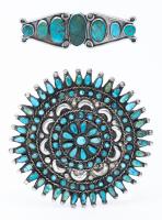 Two Appealing Navajo Turquoise and Silver Pins Including a Superb Petite Point Turquoise Sunburst