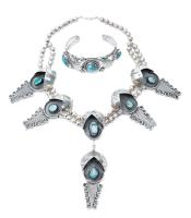 Dramatic Navajo Sterling Silver and Turquoise Necklace and Complimenting Cuff.