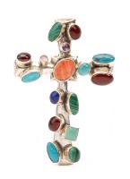 Spectacular Sterling Silver Cross by Nakai of Santa Fe, New Mexico with Multiple Stones Including Sleeping Beauty Turquoise, Cor