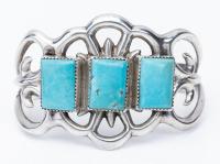 Sterling Silver Open Work Cuff Centered with Three Square Cut, Sky Blue Turquoise