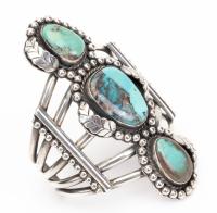 Spectacular Sterling Silver Cuff with Three Beautiful Turquoise Stones in Silky Greens and Blues