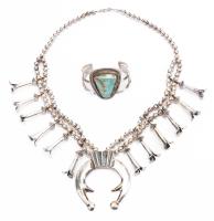 Vintage Navajo Sterling Silver Naja Sandcast Pendant with Traditional Beads and Trumpet Blossoms plus Fine Turquoise Cuff.