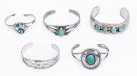 Five (5) Sterling Silver Navajo Cuffs Four with Appealing Turquoise from Various Mines in Nevada.