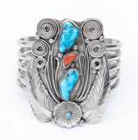 Handsome Cuff by Augustine Largo in an Arresting Foliate Design in Sterling Silver, Turquoise and Coral.