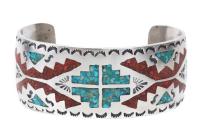 Navajo Sterling Silver Turquoise & Coral Chip Inlay Cuff Bracelet