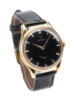 Gentleman's 18K Rose Gold Vintage Omega Watch in Showcase Condition, Black Dial and Alligator Band