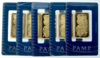 5-piece lot of Pamp 1 Ounce 999.9 Fine Gold Ingots