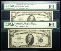 Pair of $10.00 Silver Certificates in PMG 66 EPQ