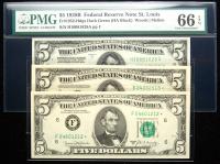 3-piece lot of Gem Crisp Unc $5.00 Federal Reserve Notes