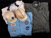 Clark McClelland's NASA Coveralls and Helmets. Two Pairs of Coveralls, One with Patches. Two Helmets One With Gemini Logos, Anot