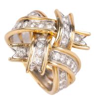 Ladies Tiffany & Co. 18K Yellow Gold, Diamond and Platinum Ribbon Box Ring Boasting 40, Round Brilliant Cut Diamonds Totaling 1.