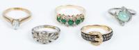 Five (5) Ladies 14K Gold Rings. A Collection Boasting Diamonds, Emeralds Opal and Star Sapphire