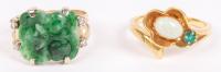 Striking Ladies Rings in 14K Yellow Gold Centered with Fine Examples of Natural Stone, Spinach Jade and a Fiery Opal