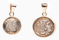 His and Hers Sterling Silver Facsimile Roman Coin Pendants Each Set in a 14K Yellow Gold Bezel.