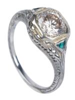 Ladies Antique Art Deco Style Platinum and 1.1 Carat Old European Cut Diamond Ring with Emerald Accents