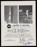 Apollo 11: Mission Flight Awareness Award Honoree Signed by Neil Armstrong, Michael Collins and Buzz Aldrin to Clark McClelland.