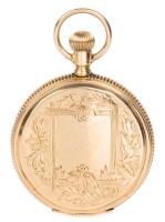 Ladies 14K Yellow Gold Illinois Hunter's Style Pocket Watch with Lovely Chased Design in a Garden and Foliate Motif