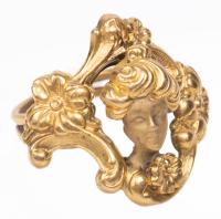 Ladies Art Nouveau Styled Ring in 14K Yellow Gold, Female Bust Framed in an Open Work, Floral Garland.