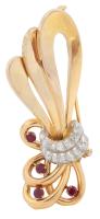 Ladies 18K Yellow Gold Diamond and Ruby Pin Evoking Tied Ribbons