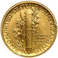 2016-W. Mercury Dime Centennial 1/10th ozt 24K Gold Coin - 2