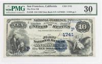1882, $10 National Bank Note. Date Back. Charter 1741. First NB of San Francisco, CA