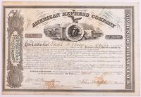 American Express Company Stock Certificate for One Share Issued in 1865 Signed by William Fargo, John Butterfield and Alex Holla