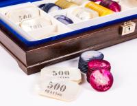 Antique Mother of Pearl Casino Chips, 187 Total. All the Chips/Markers with a Denomination are in Excellent Condition