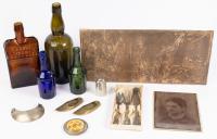 Collectibles Group Lot: 19th Century Bottles, Tin Type, Large Art Nouveau Gilded Plaque, 19th Century Gorget and More