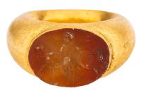 Large High Karat, Large Roman Ring with a Striking Carnelian Intaglio of Horse and Nude Warrior