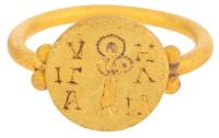 High Karat Yellow Gold Byzantine Style Antique Ring with Incised Figures of Virgin Mary Holding the Child with Inscriptions in G