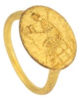Ladies High Karat Yellow Gold Signet Ring of Athena Seated, Superbly Incised and Crafted